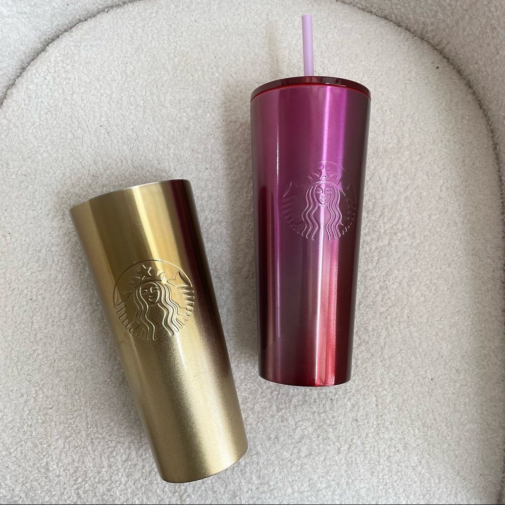 2 Starbucks Gradient Ombre Cold Cups Tumblers 24oz Gold Red 1 New 1 Preowned
